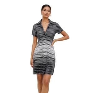 DAVID CLINE Women's Crushed Short Sleeve Polo Dress Onyx Black/White Size Small